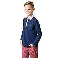 Boys' Navy Blue Pique Polo Shirt - 100% Pima Cotton Long Sleeve Tennis Top