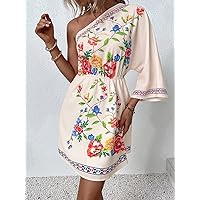 Dresses for Women - Floral Print One Shoulder Dress (Color : Apricot, Size : Large)