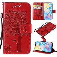 XYX Wallet Case for OnePlus N100, Embossed Cat Butterfly Flowers PU Leather Flip Protective Phone Case Cover with Card Slots for OnePlus Nord N100, Red