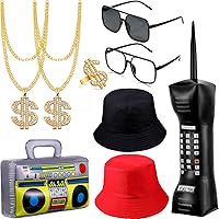 Sumind 9 Pieces 80s/90s Hip Hop Costume Kit Mobile Phone Inflatable Radio Box Necklace Sunglasses Bucket Hat Rapper Accessory