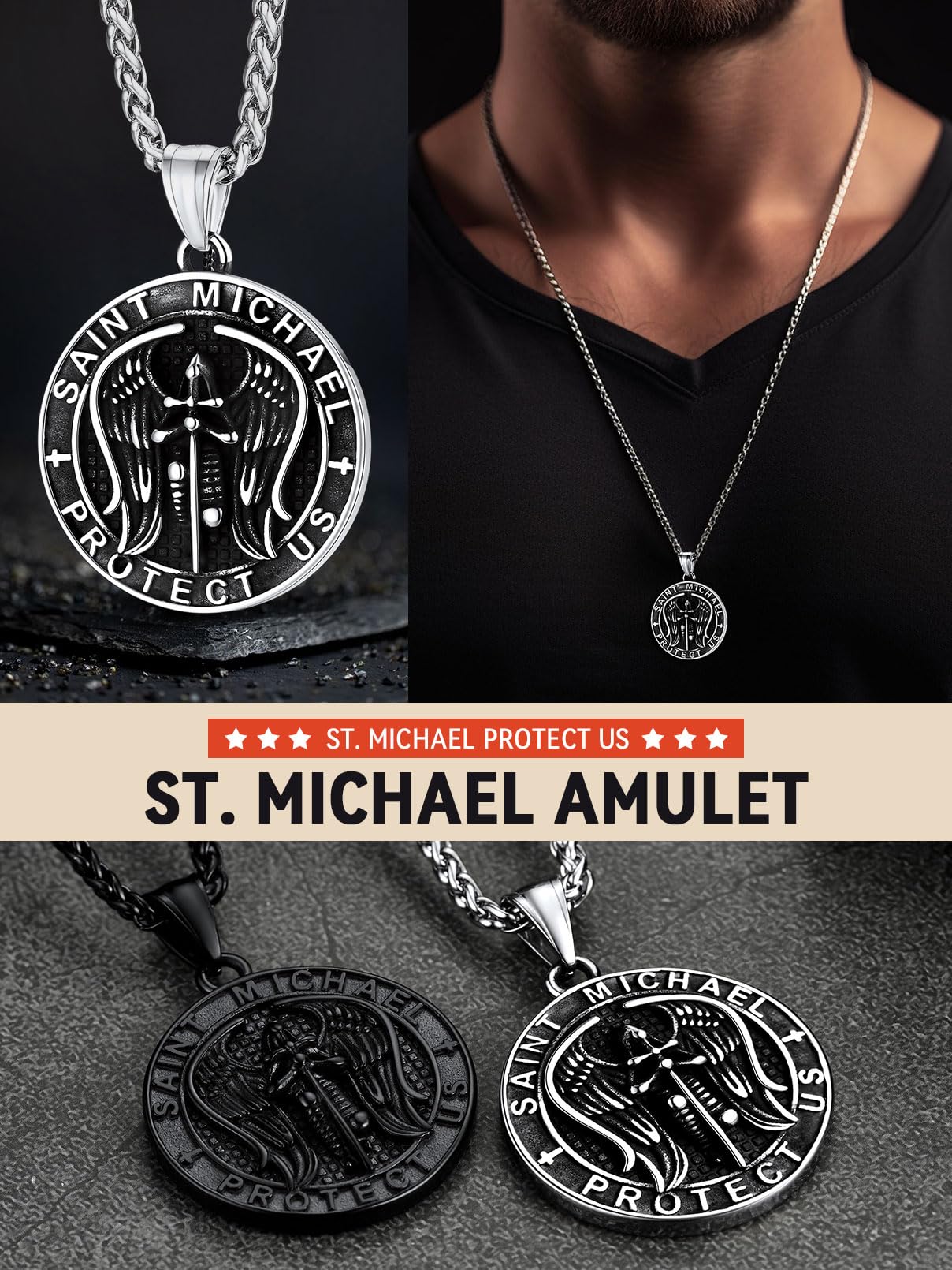 FaithHeart Saint Michael Necklace, Stainless Steel/18K Gold Plated St Michael the Archangel Pendant Amulet for Men Women with Gift Packaging