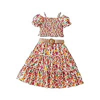 OYOANGLE Girl's 2 Piece Boho Floral Print Short Puff Sleeve Shirred Blouse and A Line Short Skirt Set