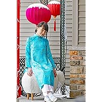 Vietnamese Traditional Dress for Children - Turquoise Dress and White Pants (Vietnamese Ao Dai) - Size#14/Similar to US 12T