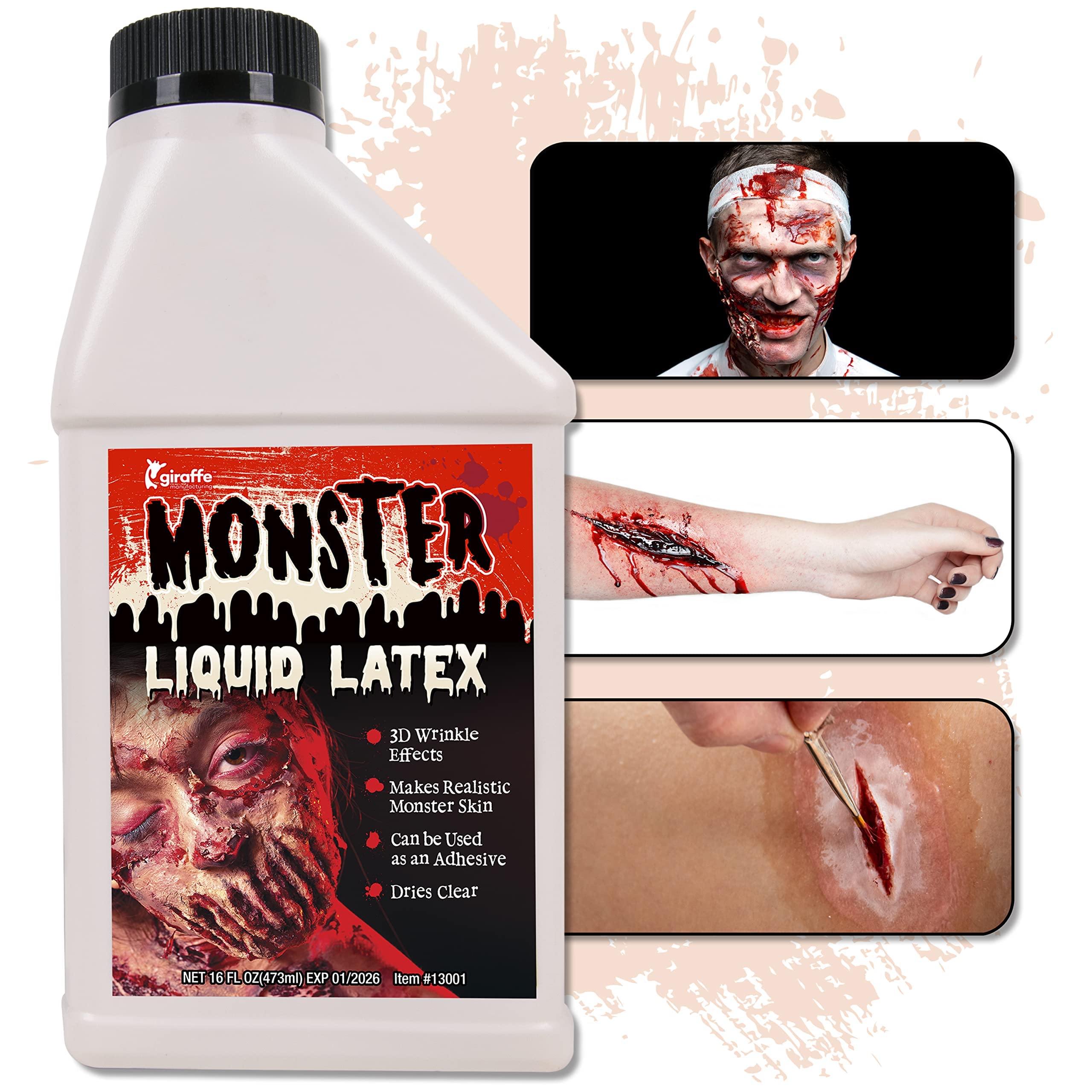 Kangaroo's Monster Liquid Latex - Quick-drying Monster or Zombie Skin and SFX Makeup, Multi-purpose Liquid Rubber for Special Effects Makeup Kit, DRies Clear, Peels Off Liquid Latex Rubber, 16oz Pint