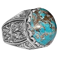 Sterling Silver Mens Ring, Natural Arizona Turquoise Gemstone, Steel Pen Craft, 27 Carat, FREE EXPRESS SHIPPING