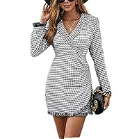 Houndstooth Print Raw Trim Dress - Elegant Lapel Long Sleeve Short Dress