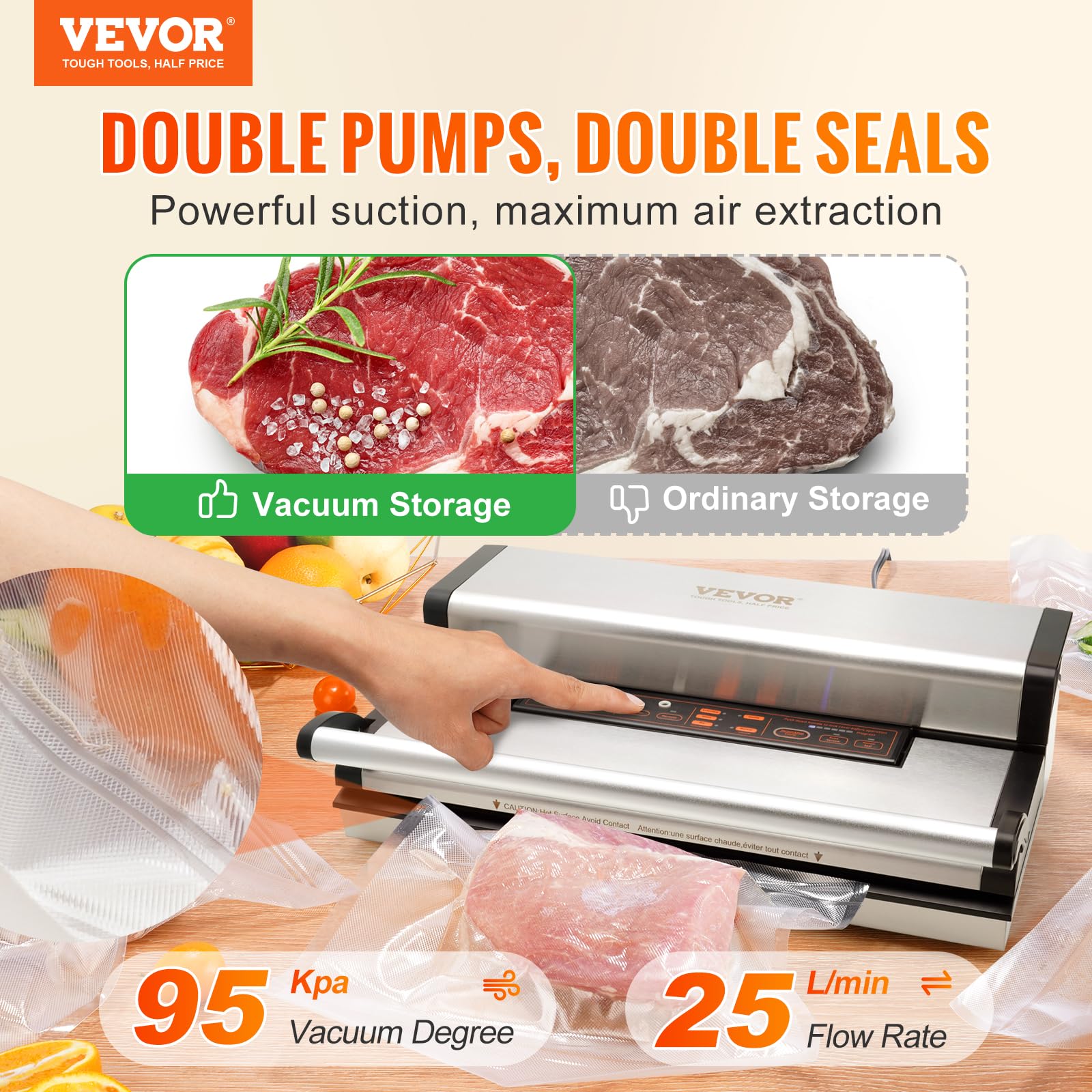 VEVOR Food Vacuum Sealer Machine, 95Kpa 350W Powerful Dual Pump and Dual Sealing, Dry and Moist Food Storage, Automatic and Manual Air Sealing System with Built-in Cutter, with Seal Bag External Hose