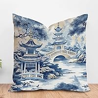 ArogGeld Japanese Chinoiserie Cushion Cover Chinoiserie Asian Blue Pagoda Throw Pillow Covers Oriental Ancient China Garden Throw Pillowcase Farmhouse Decor for Sofa Couch 16x16in White Flax