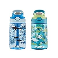 Contigo Aubrey Kids Dinos & Sharks, Cleanable Water Bottle with Silicone Straw, Spill-Proof Lid, Dishwasher Safe, 14oz 2-Pack