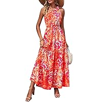 PRETTYGARDEN Women's Floral Maxi Dress 2024 Knot One Shoulder Sleeveless Ruffle Hem Flowy Boho Dresses