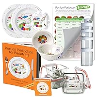 Bariatric Portion Control Plates Bowls Porcelain 8 Inch and with Clear Instruction Book, Meal Prep/Lunchbox Borosilicate Glass Containers and 100 Cal Snack Containers for Post-Surgery, Gastric Sleeve