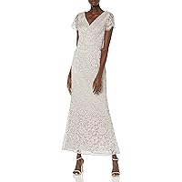 JS Collections Women's Metallic Lace Short V-Neck Gown with Scalloped Sleeve