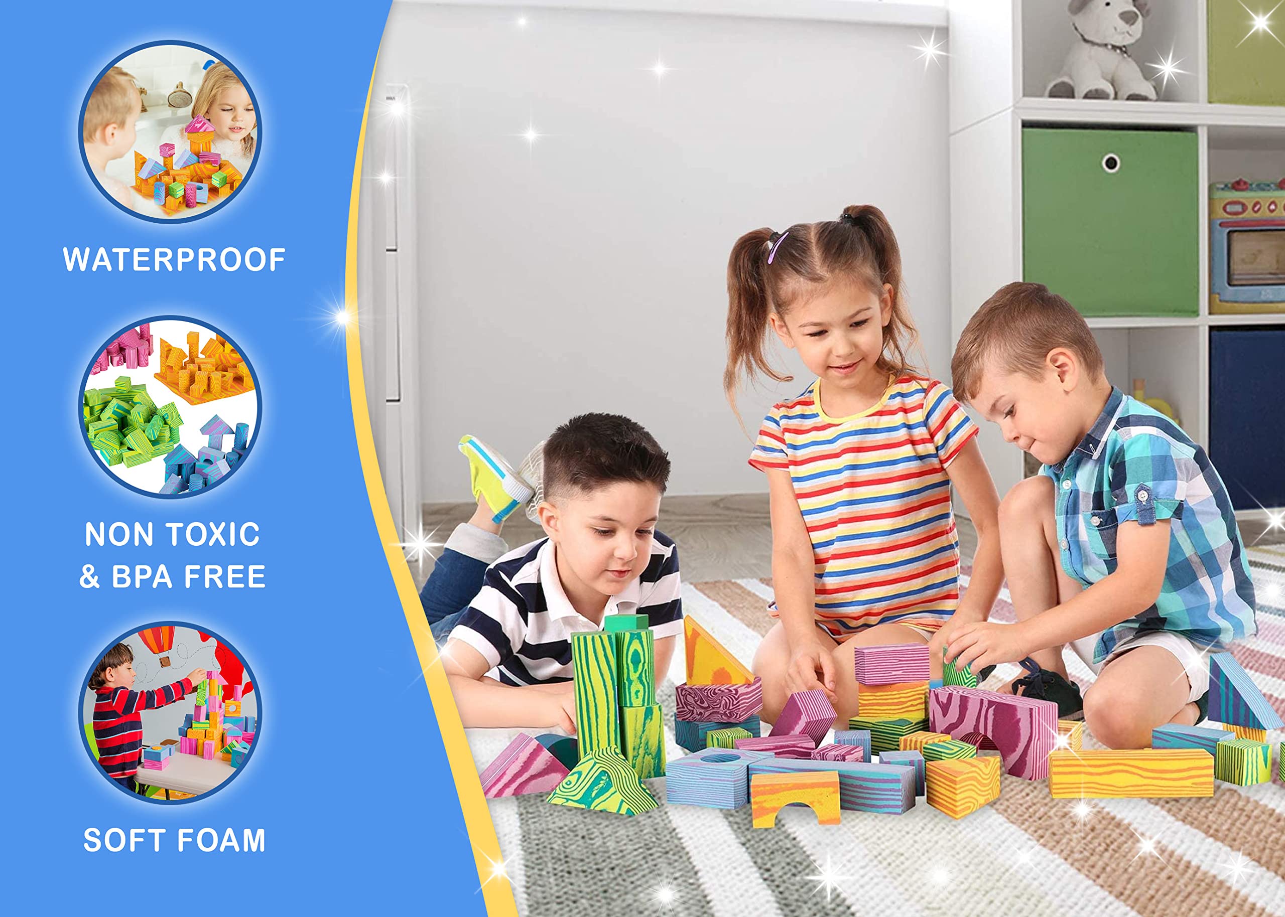 Morvat 60 Piece Colorful Soft EVA Foam Building Blocks Set, Waterproof Play Toy for Children Babies Toddlers & Kids, Boys & Girls Gift, Non Toxic & BPA Free, Bath Tub Platform, Carry & Dry Bag