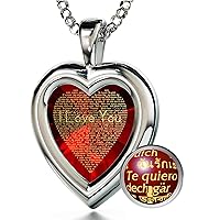 NanoStyle 925 Sterling Silver Heart Pendant I Love You Necklace in 120 Languages in Pure Gold Inscribed in Miniature Text on Brilliant Cut Heart-Shaped Cubic Zirconia Gemstone, 18