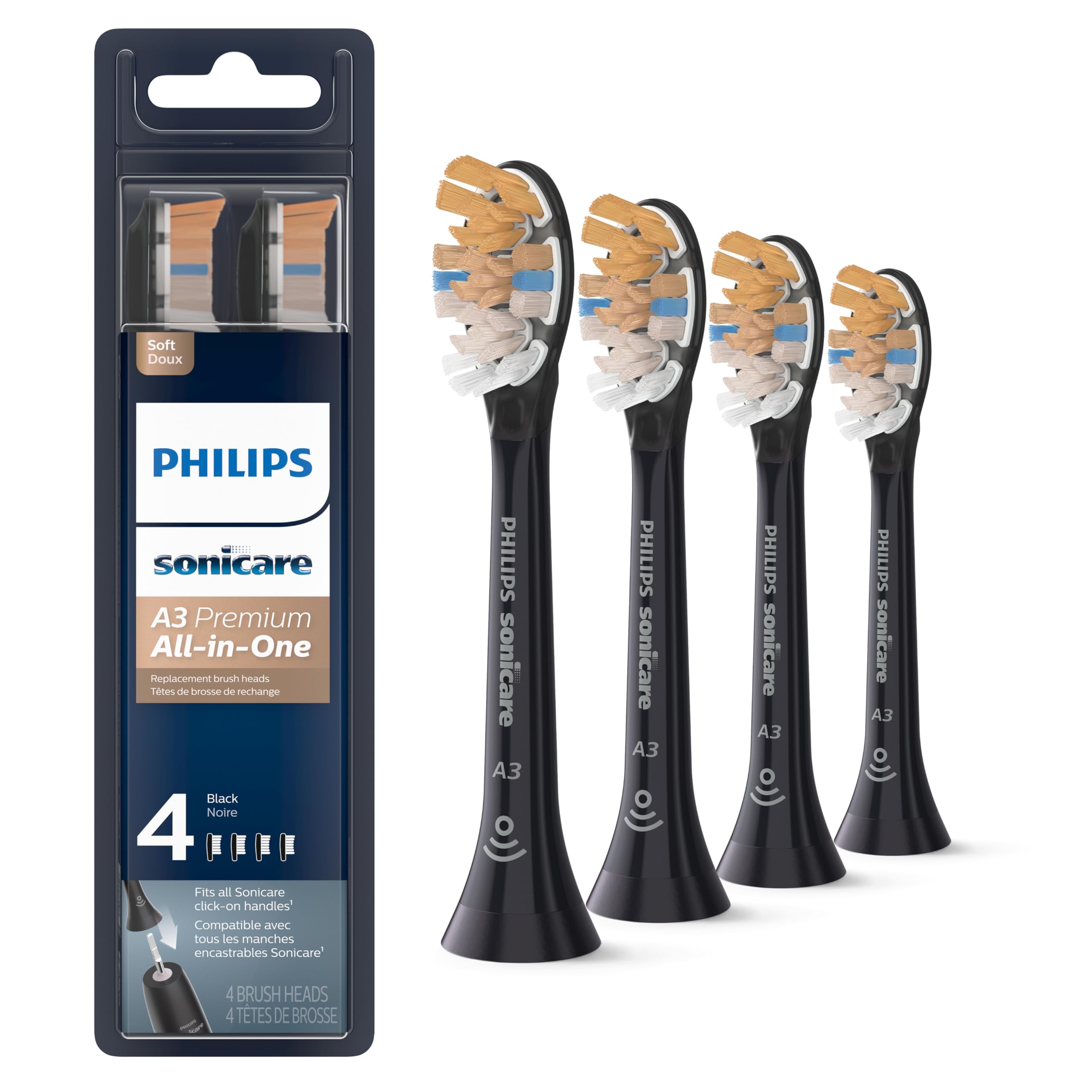 Philips Sonicare Premium All-in-One (A3) Replacement Toothbrush Heads, HX9094/95, Smart Recognition, Black 4-pk