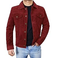 Mens Suede Leather Trucker Jacket - Classic Motorcycle Western Goat Leather Coat