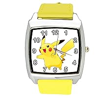 Yellow Leather Square Quartz Watch for Pikachu Fans