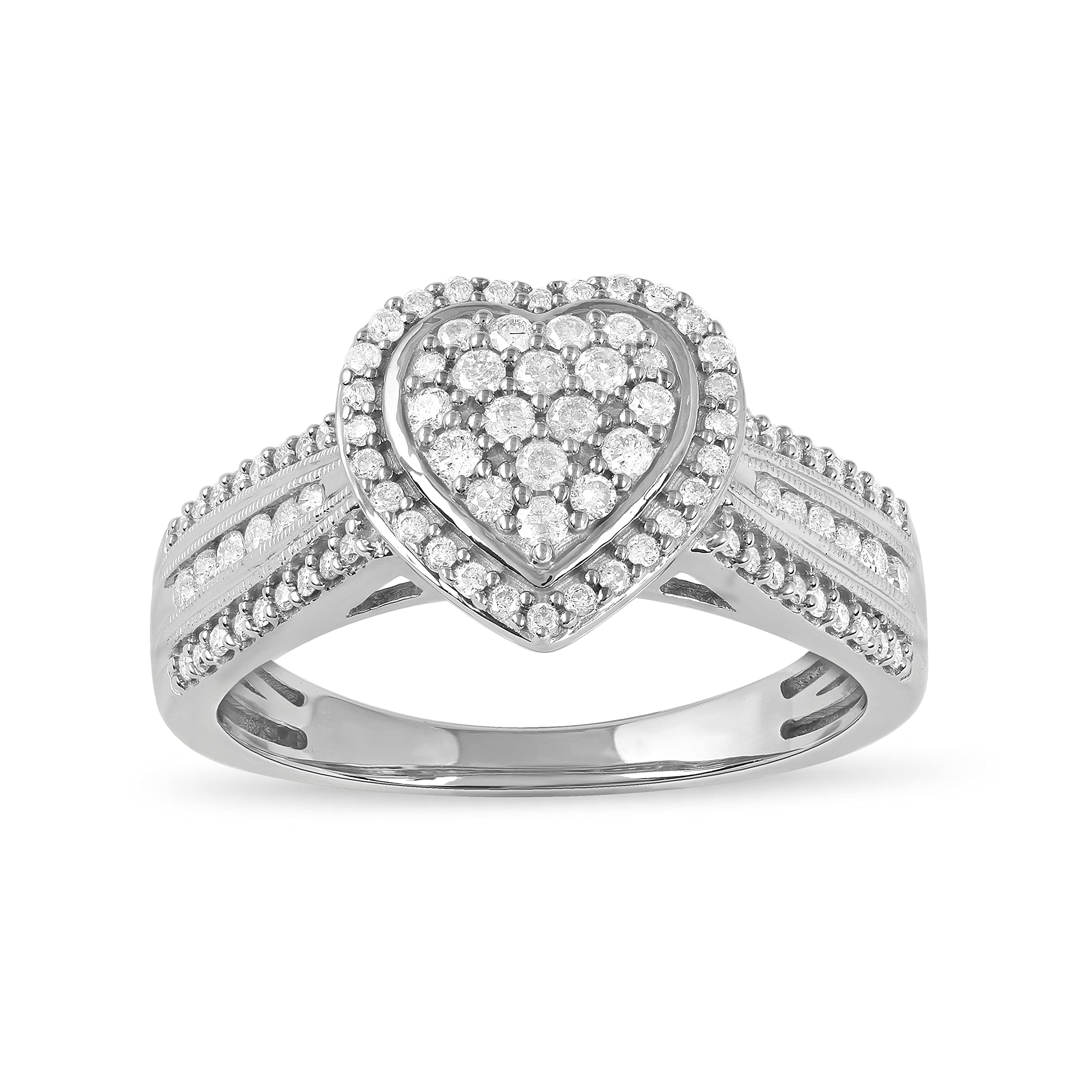Sterling Silver 1/2Ct. TDW. Round Diamond Composite Heart Shaped Frame Bridal Engagement Ring by DZON Love Gift for Women(I-J,I2)