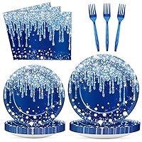 96 Pieces Blue and Silver Themed Tableware Set for Blue Birthday Party Navy Blue and Silver Themed Party Decorations Dessert Paper Plates Napkins Forks for 24 Guests Silver Glitter Party Supplies