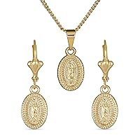 Christian Religious Medal Medallion Jewelry set Oval Our Lady Of Guadalupe Virgin Mary Necklace Dangle Earrings For Women Teen Yellow Gold Plated Brass
