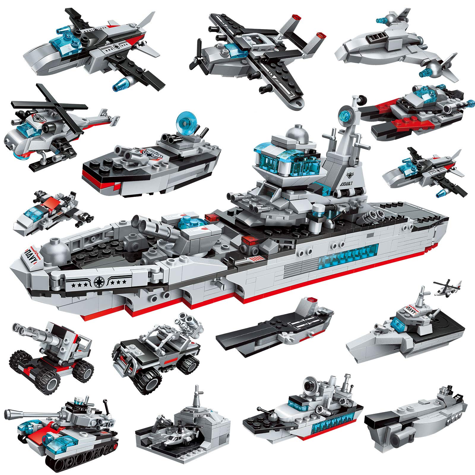 STEM Building Toys for Boys 6 7 8 Old, Gift for Adults and Kids Birthday, 700 PCS 17-in-1 Military Battleship Aircraft Carrier Toys for 9 10 11 12 Old Year Boys, Educational Toys for 6-10 Boys