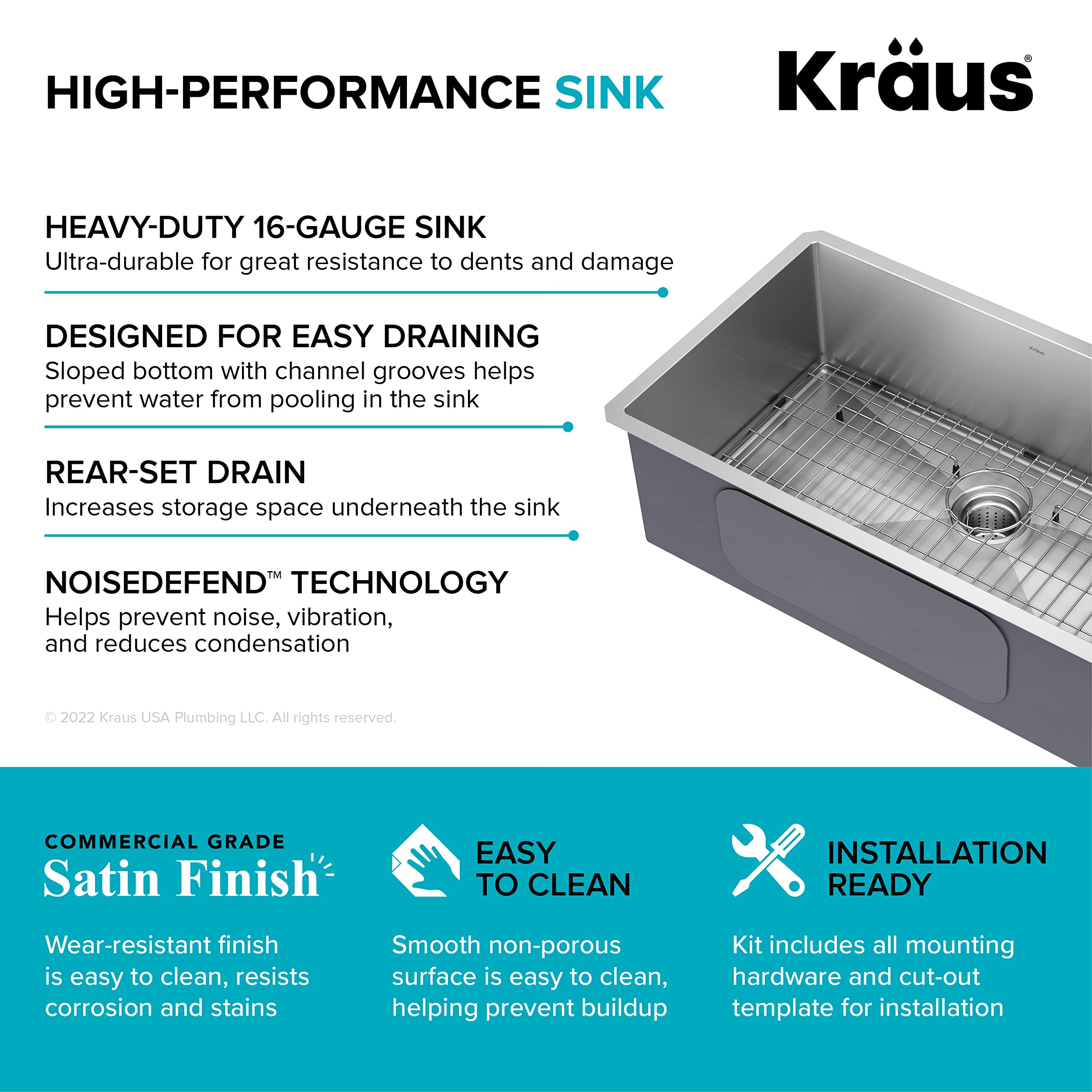 Kraus KHU100-32 Standart PRO 16 Gauge Undermount Single Bowl Stainless Steel Kitchen Sink, 32 Inch