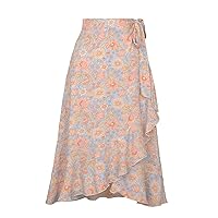 Summer Flowers Print Skirt Women High Waist Midi Skirts Irregular Ruffle Wrap Skirt Lace Up Flowy Swing Skirts