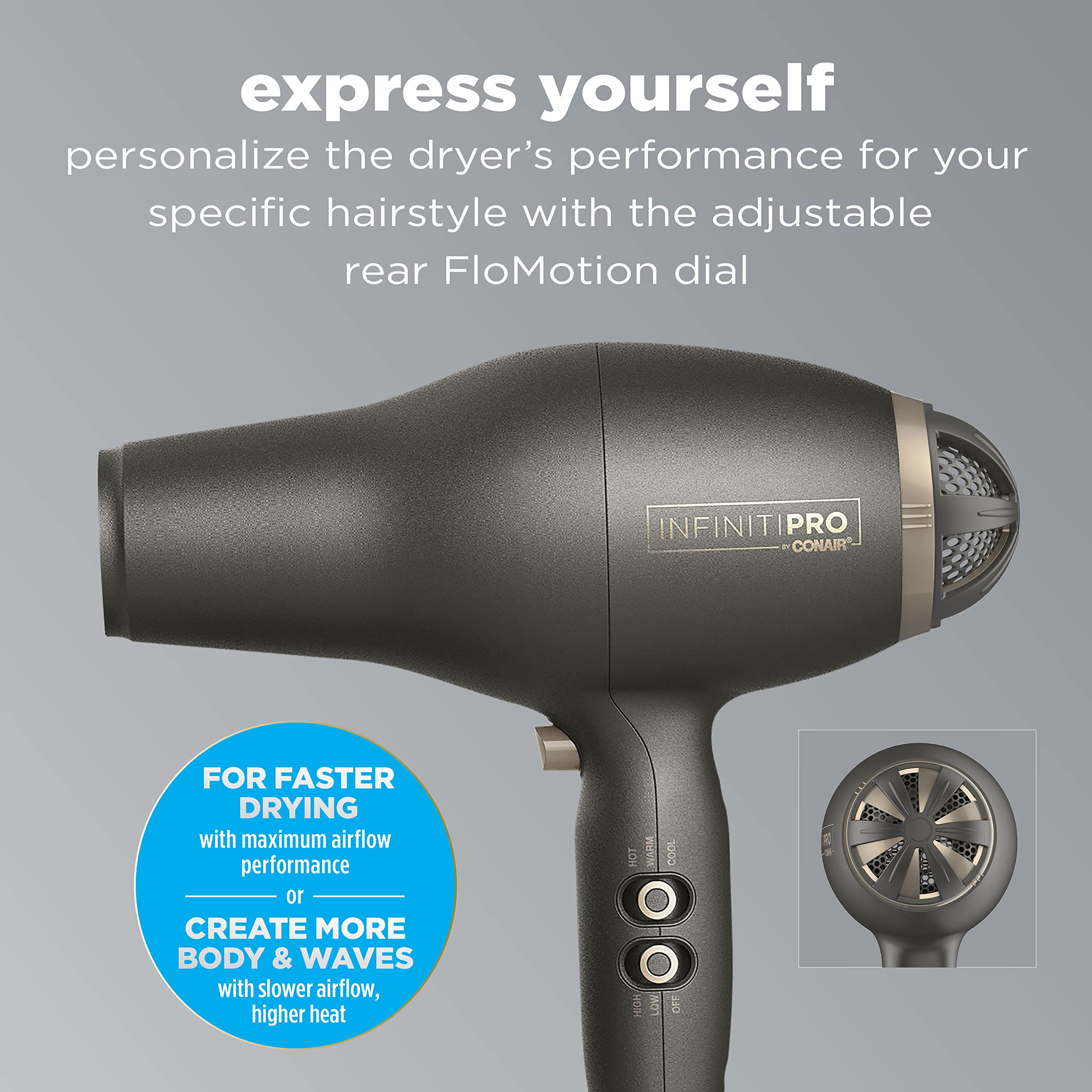 INFINITIPRO by CONAIR 1875 Watt FloMotion Pro Hair Dryer, Personalize Your Drying Experience with Adjustable Airflow, Includes Concentrator and Diffuser