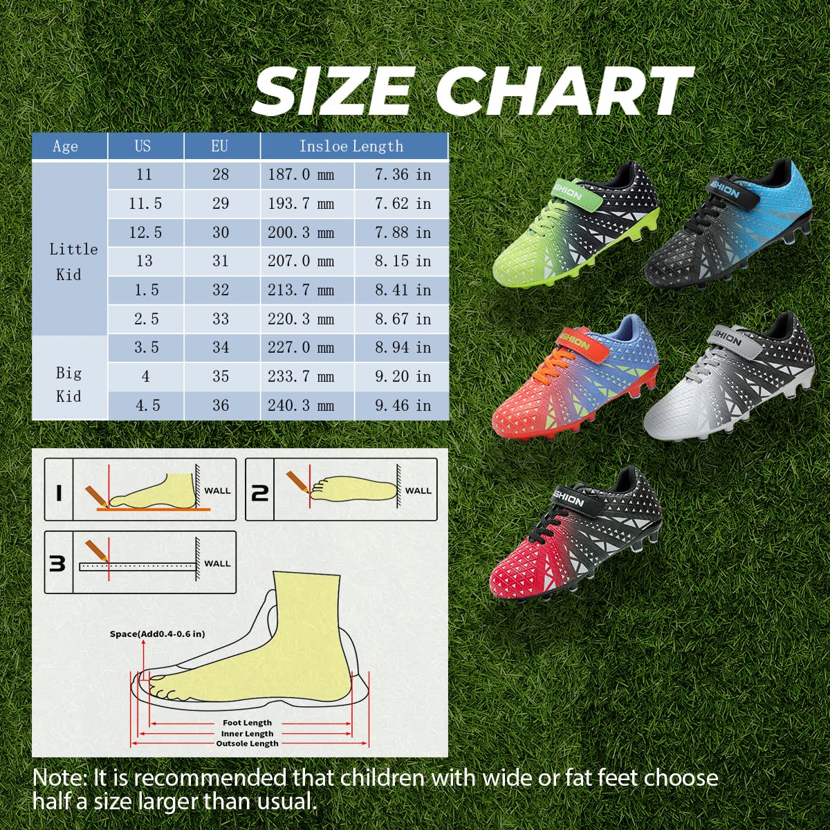 ASHION Unisex-Kids Soccer Cleats for Boys Girls Turf Firm Ground No-Tie Football Shoes Durable