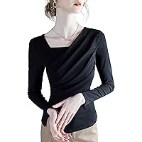Women's Casual Knit Slit Tops Solid V Neck Long Sleeve Pleated Patchwork Stretchy Blouses Elegant Work Shirts