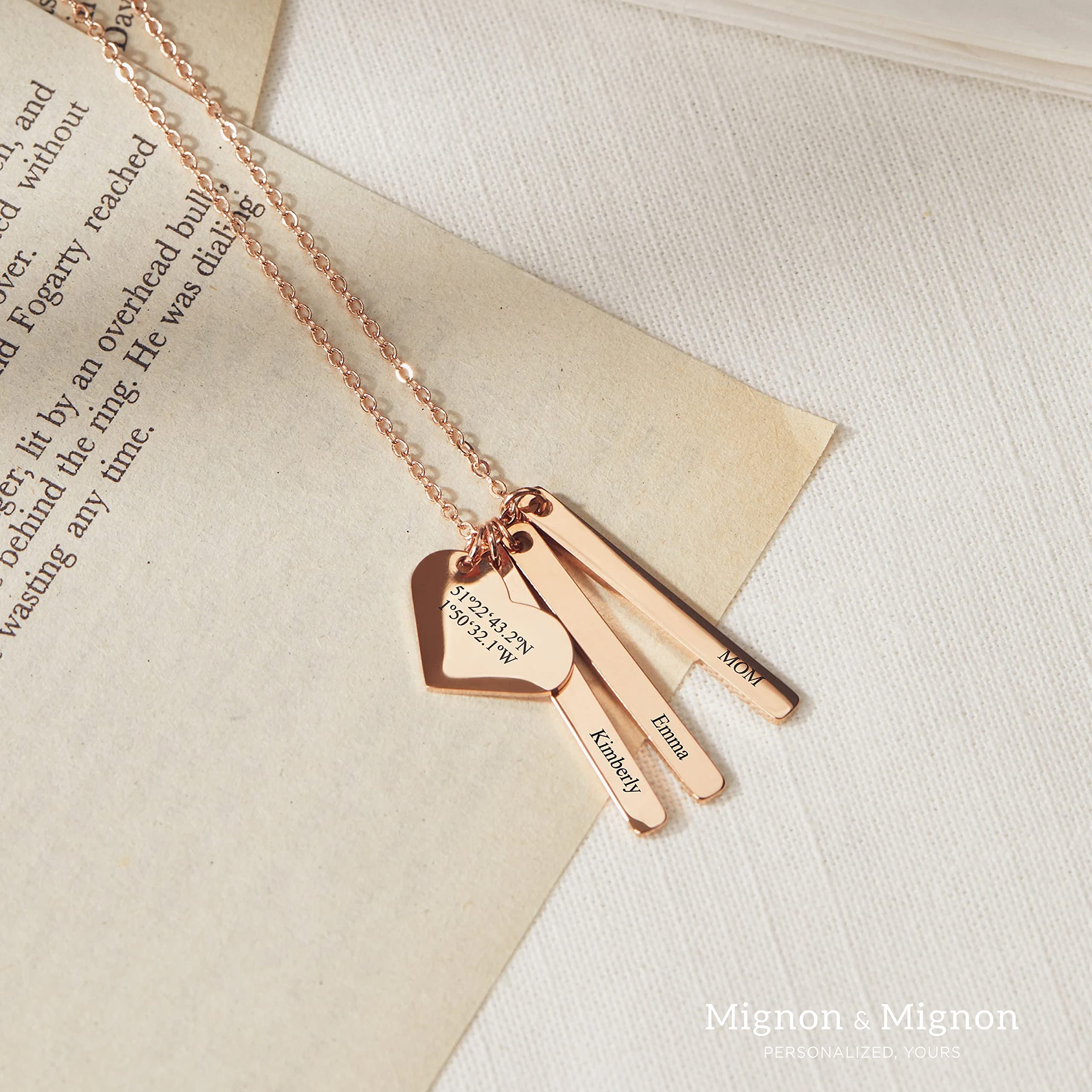 MignonandMignon Mothers Day Necklace with Kids Names Heart Vertical Bar Necklaces for Women Personalized Mom Gifts from Daughter Custom Jewelry Family Initial Name Best Friend Friendship Gift - H6N