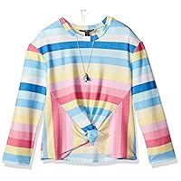 Amy Byer Girls' Twist Front Long Sleeve Knit Shirt with Necklace, Bali Begonia/Fiji Blue Vertical Colored Stripes, M