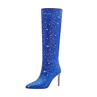 Knee High Rhinestone Boots for Women Sparkly High Heel Glitter Boots Fashion Sparkle Stiletto Boots Point Toe Pull on