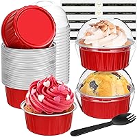 Disposable ramekins with lids and Spoons (40 pack,red,5oz) Round Cupcake Liners with Lids, Individual Mini Aluminum Cake Tins Pie Pans with Lids for Dessert and Party