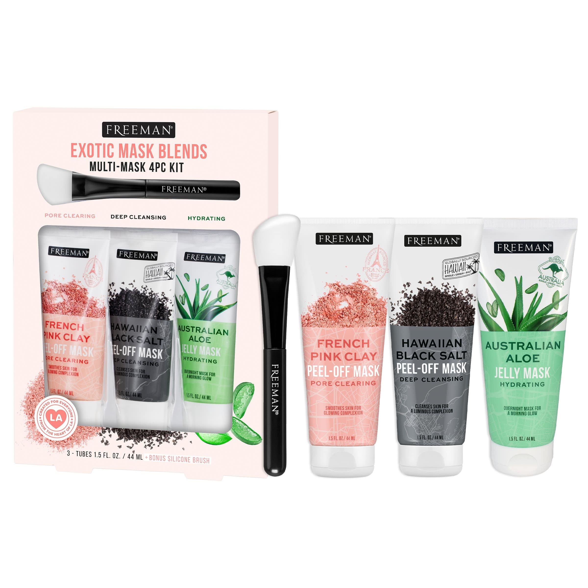 FREEMAN Exotic Facial Mask Blends Kit, Peel-Off & Jelly Masks, Cleansing, Pore-Clearing & Hydrating Facial Masks, For All Skin Types, Includes Silicone Mask Brush, Vegan & Cruelty-Free, 4 Piece Set