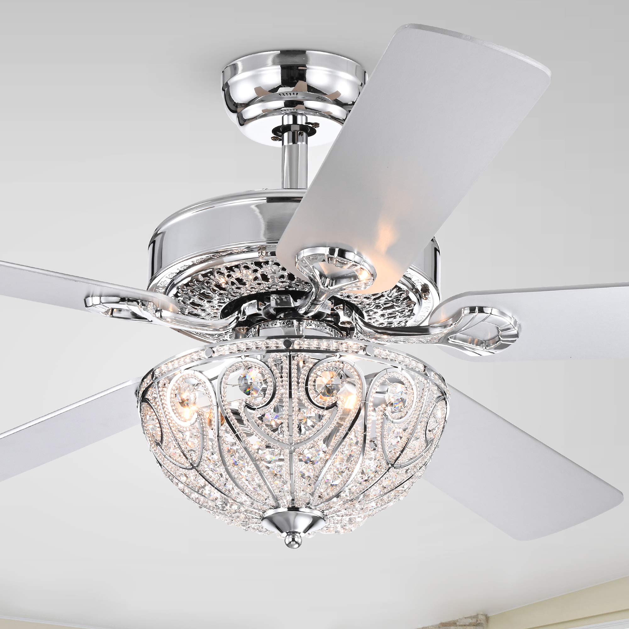 Warehouse of Tiffany Norin Chrome 52-Inch 5-Blade Lighted Ceiling Fan with Crystal Bowl Shade (Includes Remote)