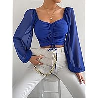 Women's Tops Women's Shirts Sexy Tops for Women Lantern Sleeve Drawstring Crop Top (Color : Royal Blue, Size : Small)