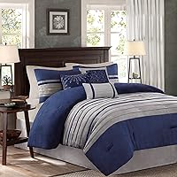 Cozy Comforter Set-Luxury Faux Suede Design, Striped Accent, All Season Down Alternative Bedding, Matching Shams, Decorative Pillow, Blue, California King (104 in x 92 in)