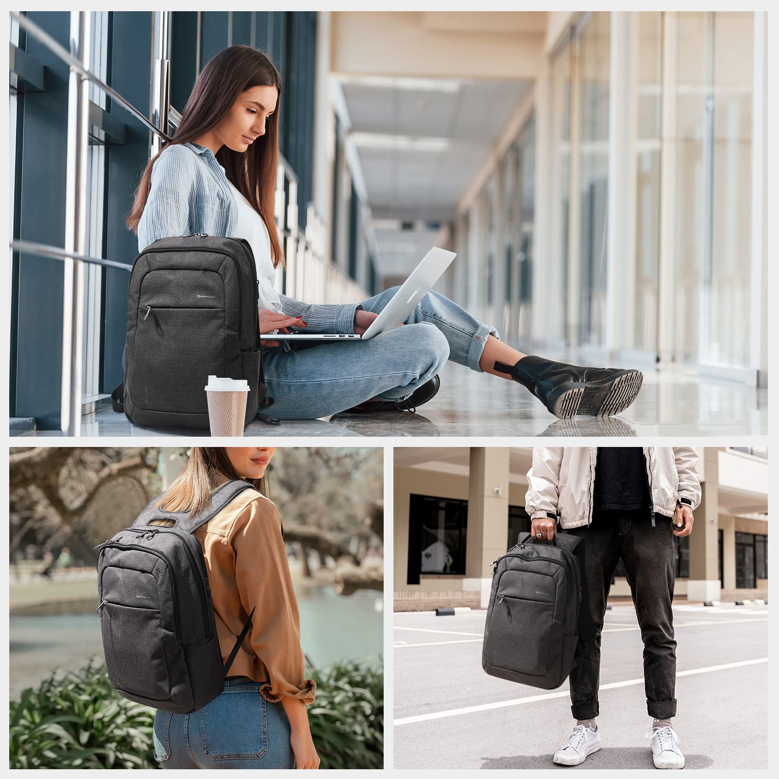 Kopack Slim Laptop Backpack for Men Women, 15.6 inch Theft Proof Lightweight Laptop Backpack with USB Charging Port, Business Travel College Commute Work Bag Daypack, Grey Black