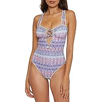 BECCA Women's Standard Tulum One Piece Swimsuit, Abstract Print, Adjustable, Tie Back, Bathing Suits