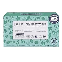 Pura Baby Wipes 12 x 60 Wipes (720 Wipes), 100% Plastic-Free & Plant Based Wipes, 99% Water, Suitable for Sensitive & Eczema-prone Skin, Fragrance Free & Hypoallergenic, EWG, Cruelty Free