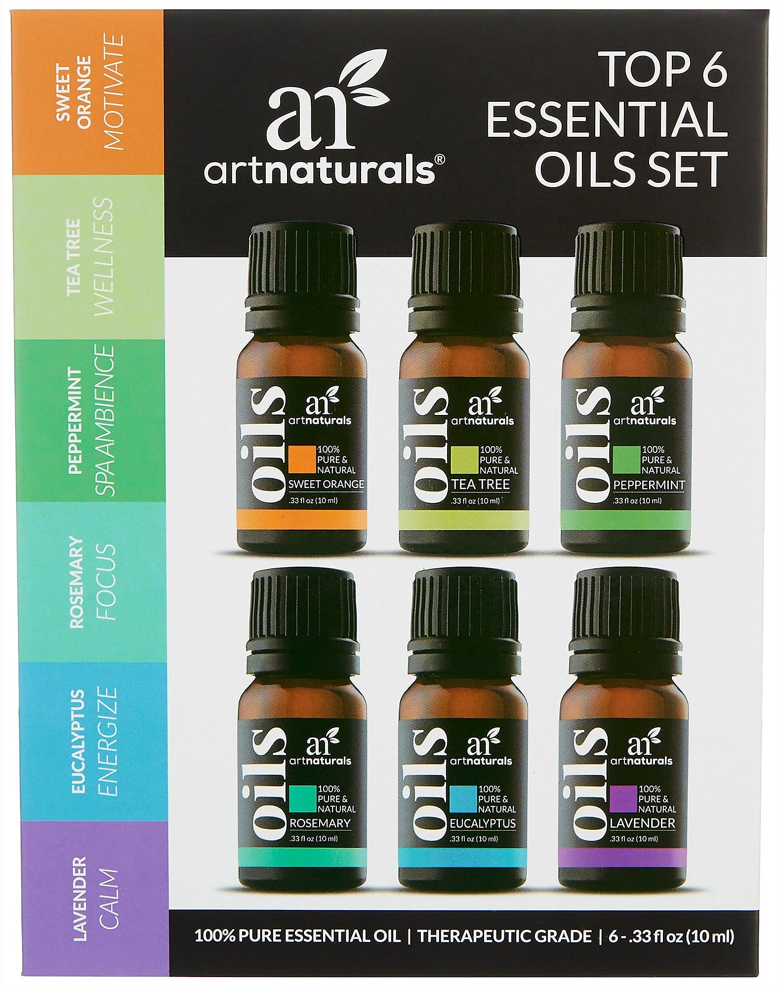 ArtNaturals Aromatherapy Top-6 Essential Oil Set - (6 x 10ml Bottles) - 100% Pure of The Highest Therapeutic Grade - Premium Gift Set – Lavender, Peppermint, Tea Tree, Eucalyptus