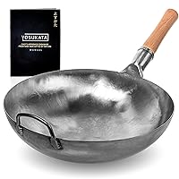 YOSUKATA Silver Round Bottom Pan – Stir Fry Pans For Cooking - Chinese Hammered Pow - Traditional Chinese Japanese Woks - Carbon Steel (14