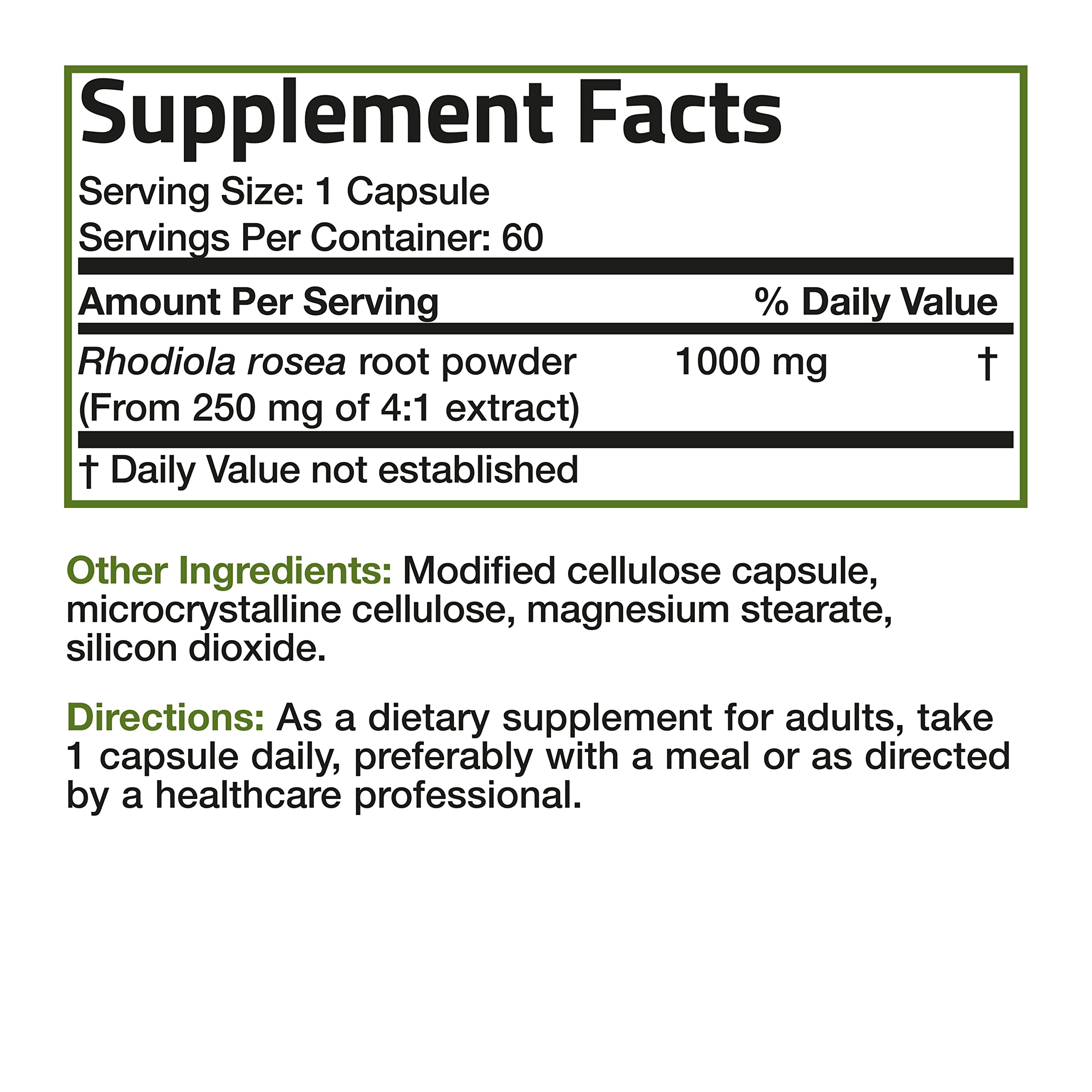 Bronson Rhodiola Rosea 1000 mg - Adaptogenic Herb for Brain, Stress & Mood Support - Non-GMO, 60 Vegetarian Capsules