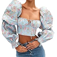 Women's Square Neck Crop Tops,Puff Sleeve Low Cut Blouse Floral Print Shirred Shirt,Elegant Tie Knot Tops Tee