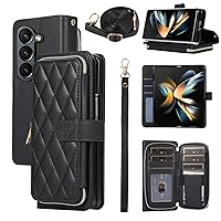 Wallet Case for Samsung Galaxy Z Fold 5 5G 2023 with Wrist Strap, Crossbody Shoulder Strap, 9+ Card Slots Zipper Purse, Luxury PU Leather Stand Cell Phone Cover for ZFold5 Z5 G Fold5 5Z Black
