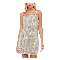 Womens Stretch Sequined Fringed Adjustable Straps Zippered Spaghetti Strap Square Neck Mini Cocktail Body Con Dress