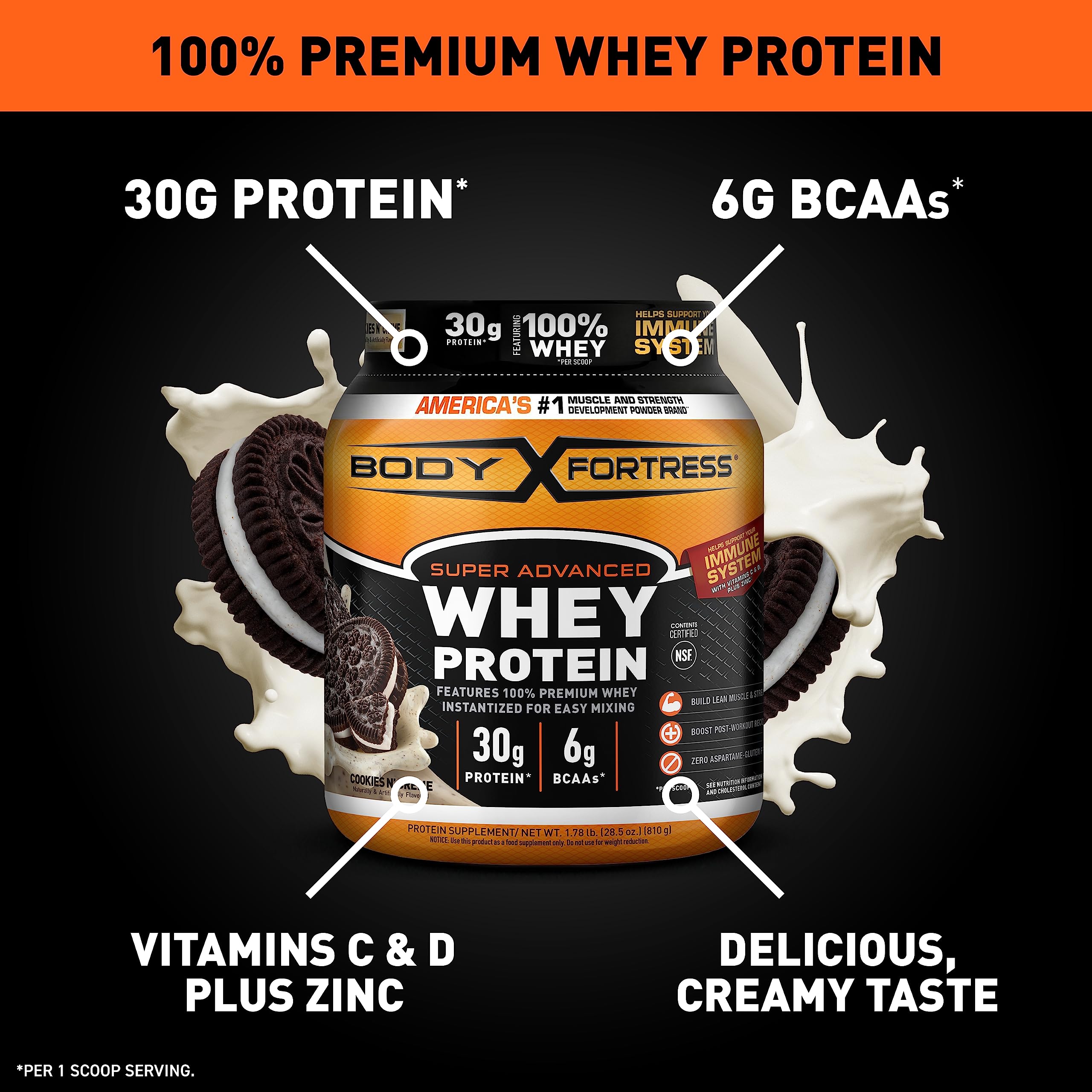 Body Fortress Super Advanced Whey Protein Powder, Cookies N’ Crème, Immune Support (1), Vitamins C & D Plus Zinc, 1.78 lbs
