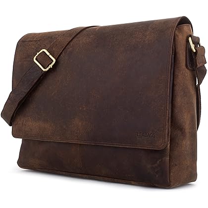 LEABAGS Leather Messenger Bag for Men Women - Briefcase genuine buffalo leather Oxford - Laptop Bag Crossbody Work College