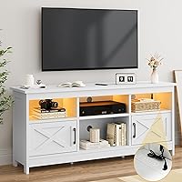 DWVO Farmhouse TV Stand for 65 55 Inch TV, LED Light Entertainment Center with Storage Cabinets, Open Shelves and Power Strip, Media Console for Living Room, Bedroom, White